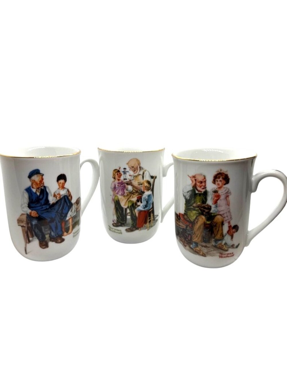 Norman Rockwell Museum Collector Mug Set 3 Vintage Art Series Gold Trim Signed